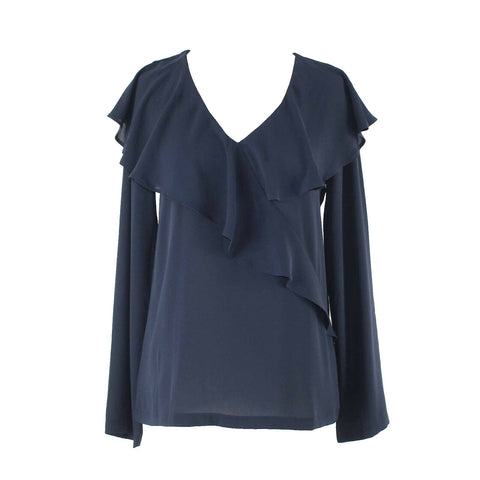 Loft NEW $60 Sz XS Navy Blue Flutter Overlay Ruffle V Neck Polyester Top