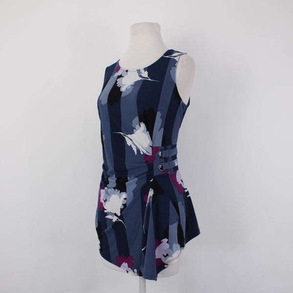 Alfani Top Sz S Navy Blue White Purple Ruched Side Asymmetrical Poly Spandex Top