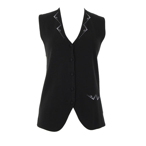 Christine Alexander Sz M Black Silver Rhinestones V Neck Buttons Cotton Vest