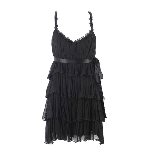 Tell Me More Sz 46 Black Ruffle Tiered Lined Side Tied Zip 100% Silk Dress