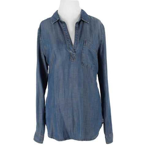 Cloth & Stone Sz M Blue Denim Back Pleat Pullover Round Hem Tencel Top