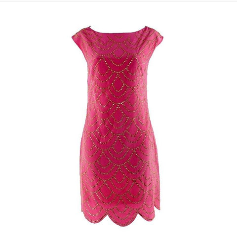 Trina Turk 6 Pink Gold Scalloped Rhinestones Hem 100% Silk Poly Lined Dress