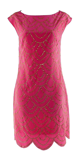 Trina Turk 6 Pink Gold Scalloped Rhinestones Hem 100% Silk Poly Lined Dress
