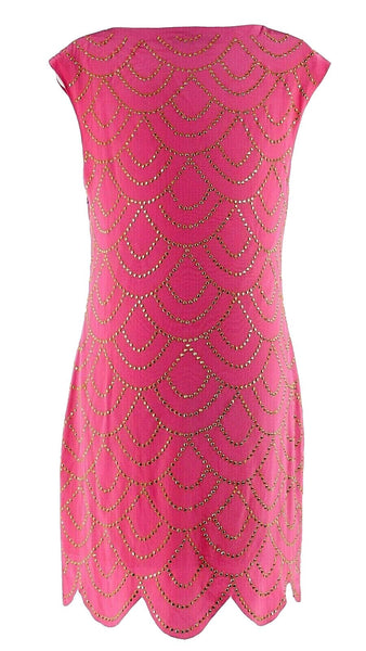 Trina Turk 6 Pink Gold Scalloped Rhinestones Hem 100% Silk Poly Lined Dress
