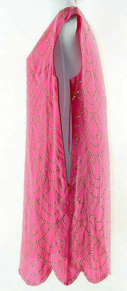 Trina Turk 6 Pink Gold Scalloped Rhinestones Hem 100% Silk Poly Lined Dress