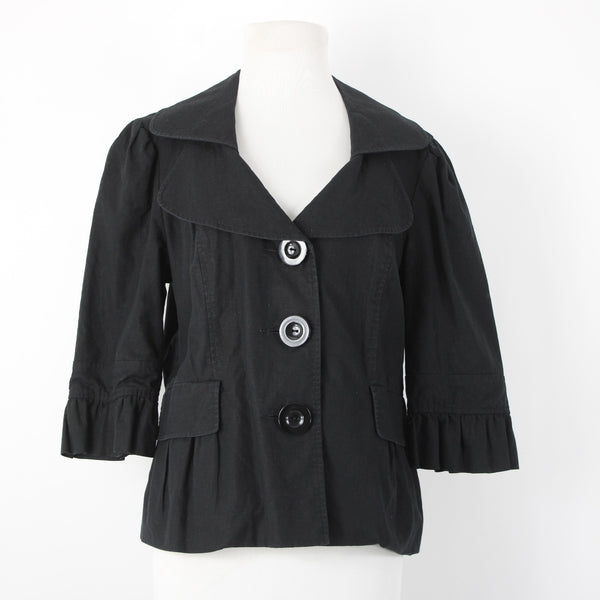 Mac & Jac Sz XL Black Linen Blend 3/4 Slv Pockets Peplum Button & Collar Jacket