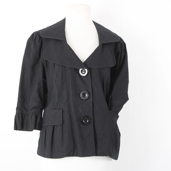 Mac & Jac Sz XL Black Linen Blend 3/4 Slv Pockets Peplum Button & Collar Jacket