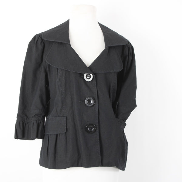 Mac & Jac Sz XL Black Linen Blend 3/4 Slv Pockets Peplum Button & Collar Jacket
