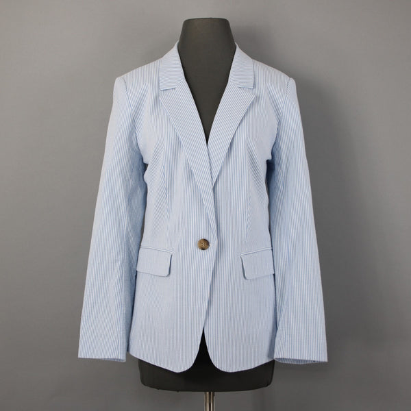 Loft Blazer Blazer Jacket Sz 10 Blue White Striped Collared Cotton Poly Jacket