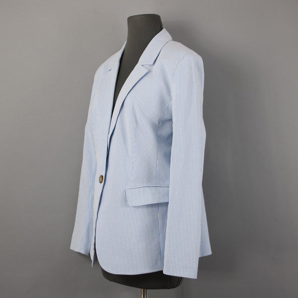 Loft Blazer Blazer Jacket Sz 10 Blue White Striped Collared Cotton Poly Jacket