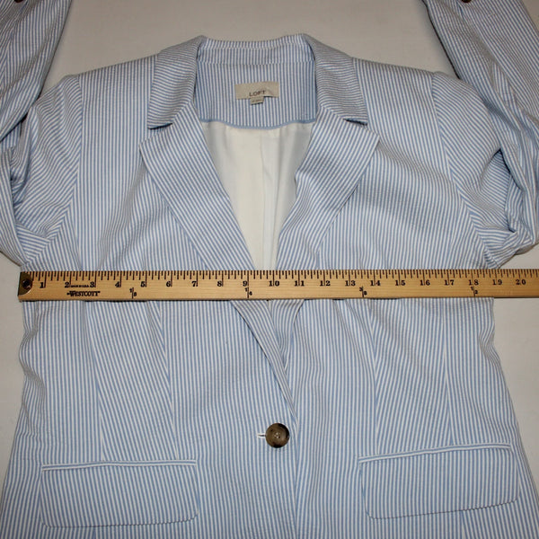 Loft Blazer Blazer Jacket Sz 10 Blue White Striped Collared Cotton Poly Jacket