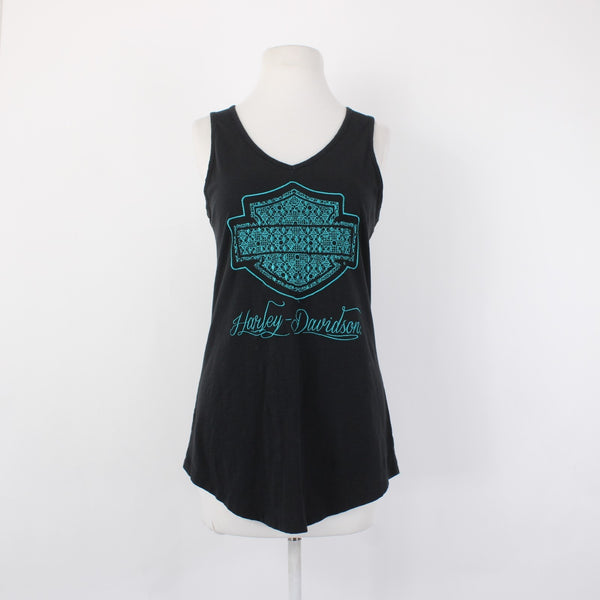 Harley Davidson Top Sz XL Black Teal Logo Sleeveless 100% Cotton Tank Top
