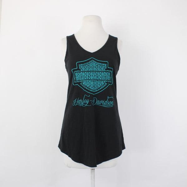 Harley Davidson Top Sz XL Black Teal Logo Sleeveless 100% Cotton Tank Top