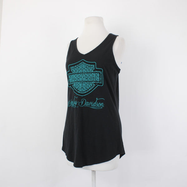 Harley Davidson Top Sz XL Black Teal Logo Sleeveless 100% Cotton Tank Top