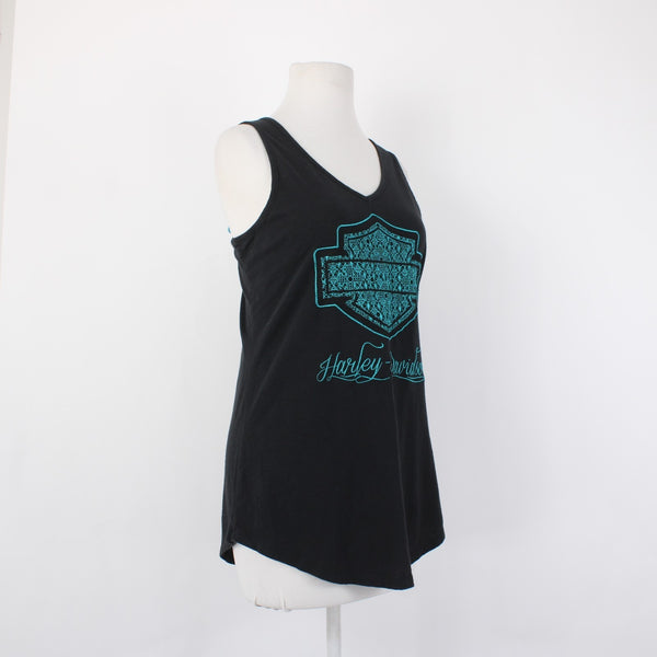 Harley Davidson Top Sz XL Black Teal Logo Sleeveless 100% Cotton Tank Top