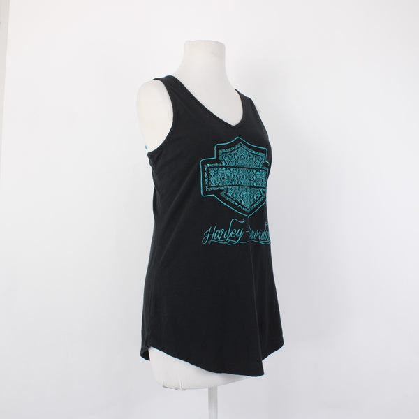 Harley Davidson Top Sz XL Black Teal Logo Sleeveless 100% Cotton Tank Top