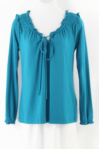 Motto XS Teal Ruffle Detail Modal Cotton Spandex Blend Peasant Style Top