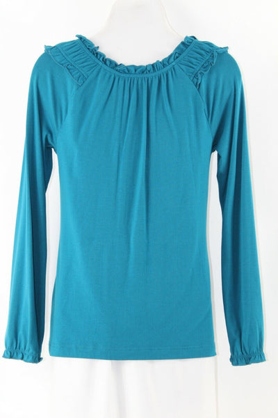 Motto XS Teal Ruffle Detail Modal Cotton Spandex Blend Peasant Style Top