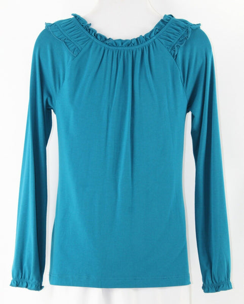 Motto XS Teal Ruffle Detail Modal Cotton Spandex Blend Peasant Style Top