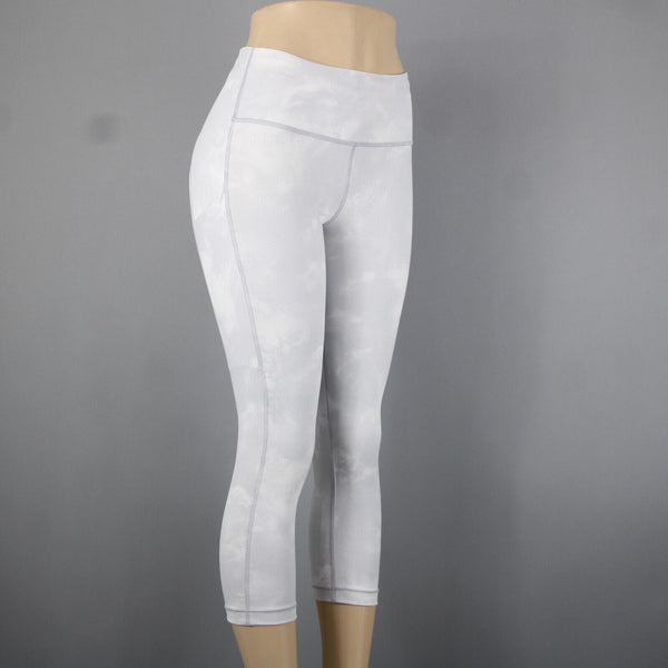 Athleta Sz S x 22 Lt Gray White Ultimate Pocket Print Poly Spandex AW Crop Pant