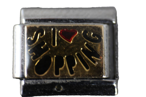 Puzzle "I Love Shopping" Stainless Steel Goldtone Stretch Link Italian Charm