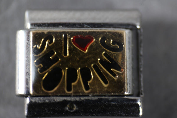 Puzzle "I Love Shopping" Stainless Steel Goldtone Stretch Link Italian Charm