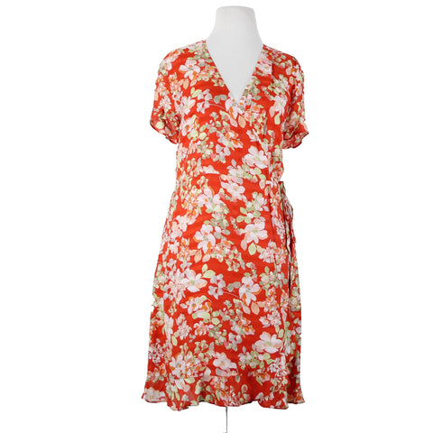 J Jill NEW $119 Sz M Papaya Wt Red Multi Color Floral V Neck Visocse Wrap Dress