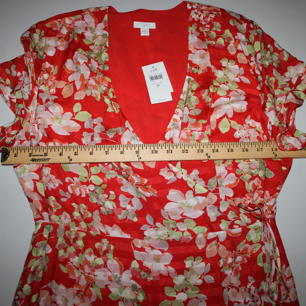 J Jill NEW $119 Sz M Papaya Wt Red Multi Color Floral V Neck Visocse Wrap Dress