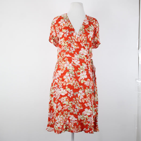 J Jill NEW $119 Sz M Papaya Wt Red Multi Color Floral V Neck Visocse Wrap Dress