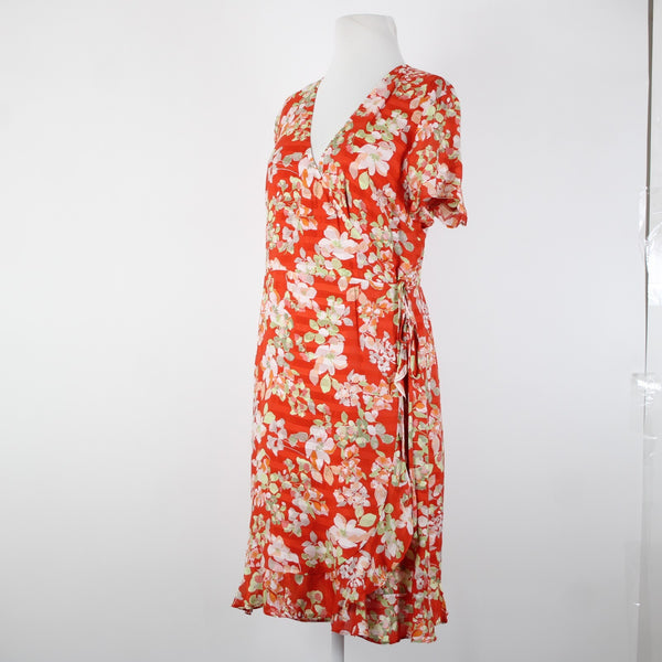 J Jill NEW $119 Sz M Papaya Wt Red Multi Color Floral V Neck Visocse Wrap Dress