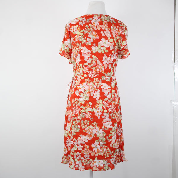 J Jill NEW $119 Sz M Papaya Wt Red Multi Color Floral V Neck Visocse Wrap Dress