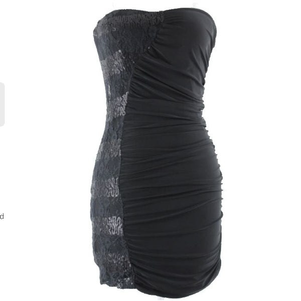 Love Culture NEW $29 Black Sequin Lace Ruched Tube Bodycon Poly Blend Dress
