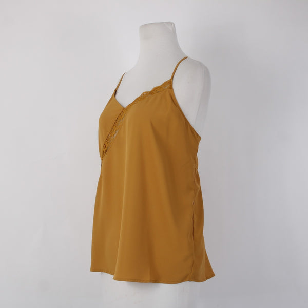 Naked Zebra Sz L Top $29 Sz L Mustard Yellow Lace Detail V Neck 100% Poly Top