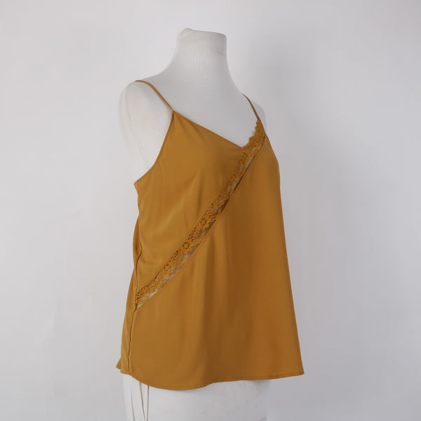Naked Zebra Sz L Top $29 Sz L Mustard Yellow Lace Detail V Neck 100% Poly Top