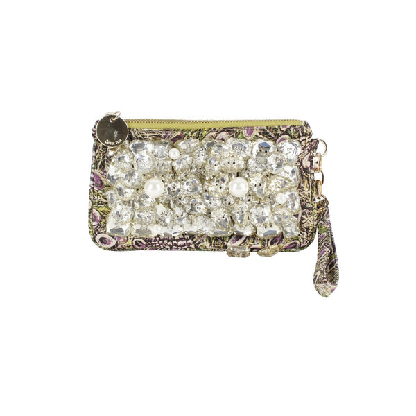 Deux Lux 5 x 8.5 Lime Purple Gold Multi Cluster Stones Pearls Zip Wristlet Purse