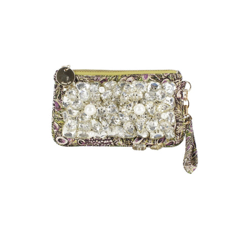 Deux Lux 5 x 8.5 Lime Purple Gold Multi Cluster Stones Pearls Zip Wristlet Purse