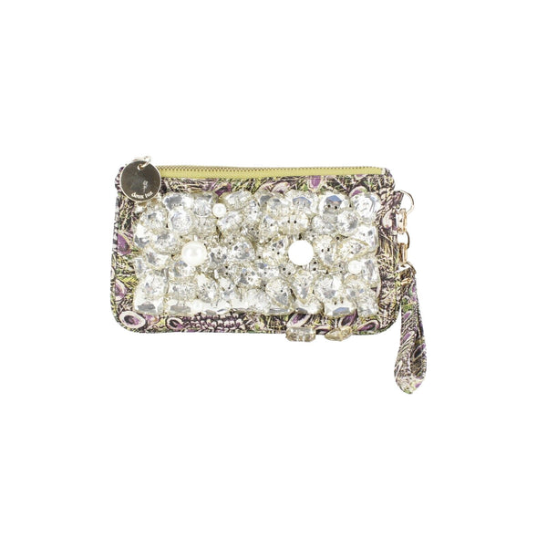 Deux Lux 5 x 8.5 Lime Purple Gold Multi Cluster Stones Pearls Zip Wristlet Purse
