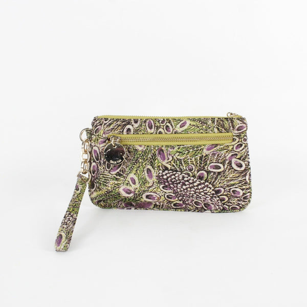 Deux Lux 5 x 8.5 Lime Purple Gold Multi Cluster Stones Pearls Zip Wristlet Purse