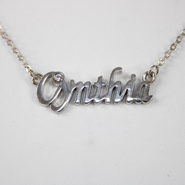 CYNTHIA Name NEW Silvertone Rhinestone 14.5" w 4.5" Multi Ring Ext Necklace