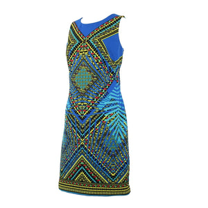 Peter Nygard Sz 8 Royal Blue Yellow Multi Color Lined Polyester Spandex Dress