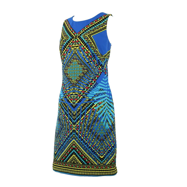 Peter Nygard Sz 8 Royal Blue Yellow Multi Color Lined Polyester Spandex Dress
