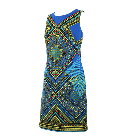 Peter Nygard Sz 8 Royal Blue Yellow Multi Color Lined Polyester Spandex Dress