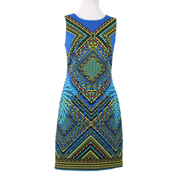 Peter Nygard Sz 8 Royal Blue Yellow Multi Color Lined Polyester Spandex Dress
