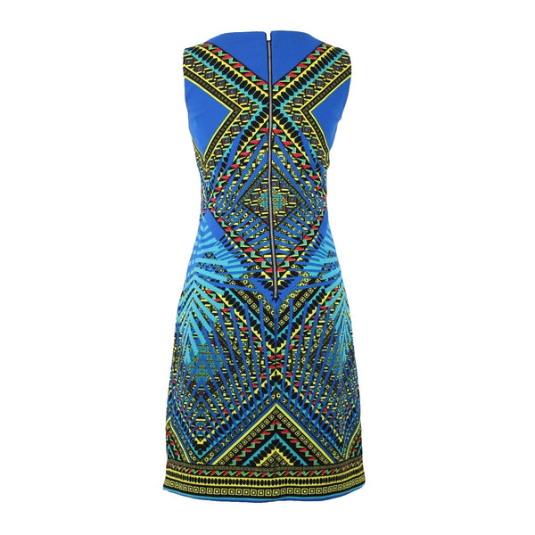 Peter Nygard Sz 8 Royal Blue Yellow Multi Color Lined Polyester Spandex Dress