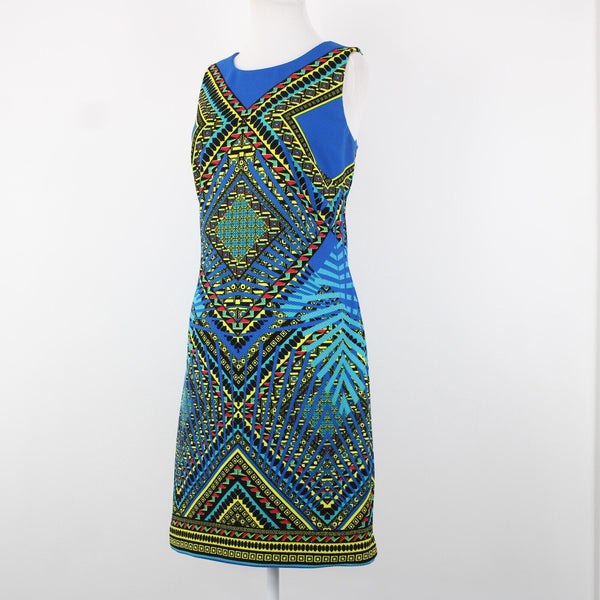 Peter Nygard Sz 8 Royal Blue Yellow Multi Color Lined Polyester Spandex Dress