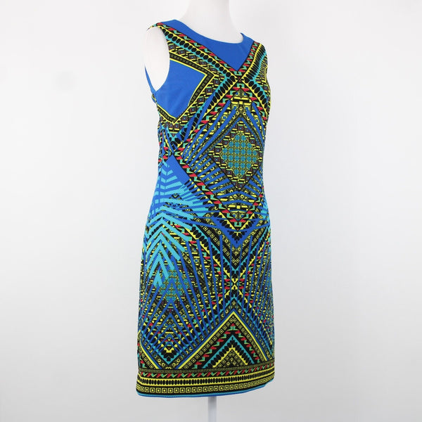 Peter Nygard Sz 8 Royal Blue Yellow Multi Color Lined Polyester Spandex Dress