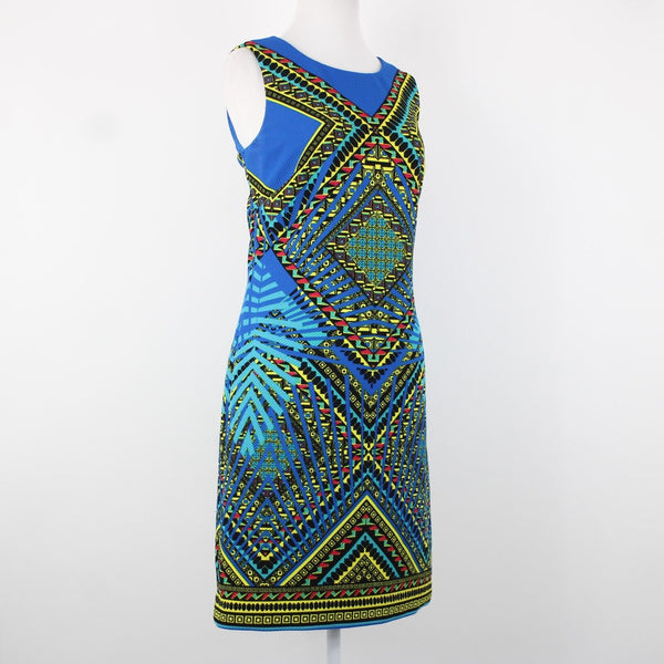 Peter Nygard Sz 8 Royal Blue Yellow Multi Color Lined Polyester Spandex Dress