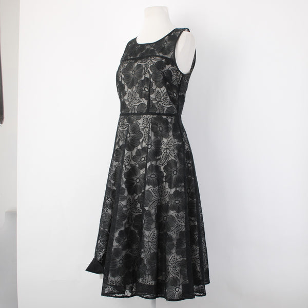 Ann Taylor Dress Sz 4 Black Grey Floral Lined Zip Nylon Polyester Dress