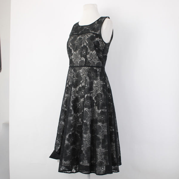 Ann Taylor Dress Sz 4 Black Grey Floral Lined Zip Nylon Polyester Dress