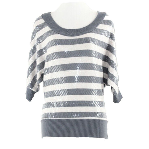 Poof Sz S Cream Gray Clear Sequin Front Stripe Cotton Blend Sweater Top